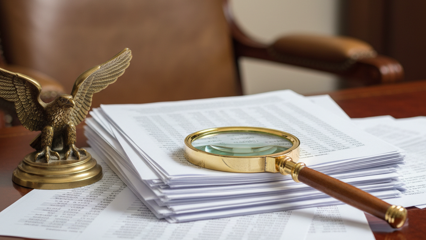 Leather-bound annual report open on executive desk with magnifying glass highlighting financial statements