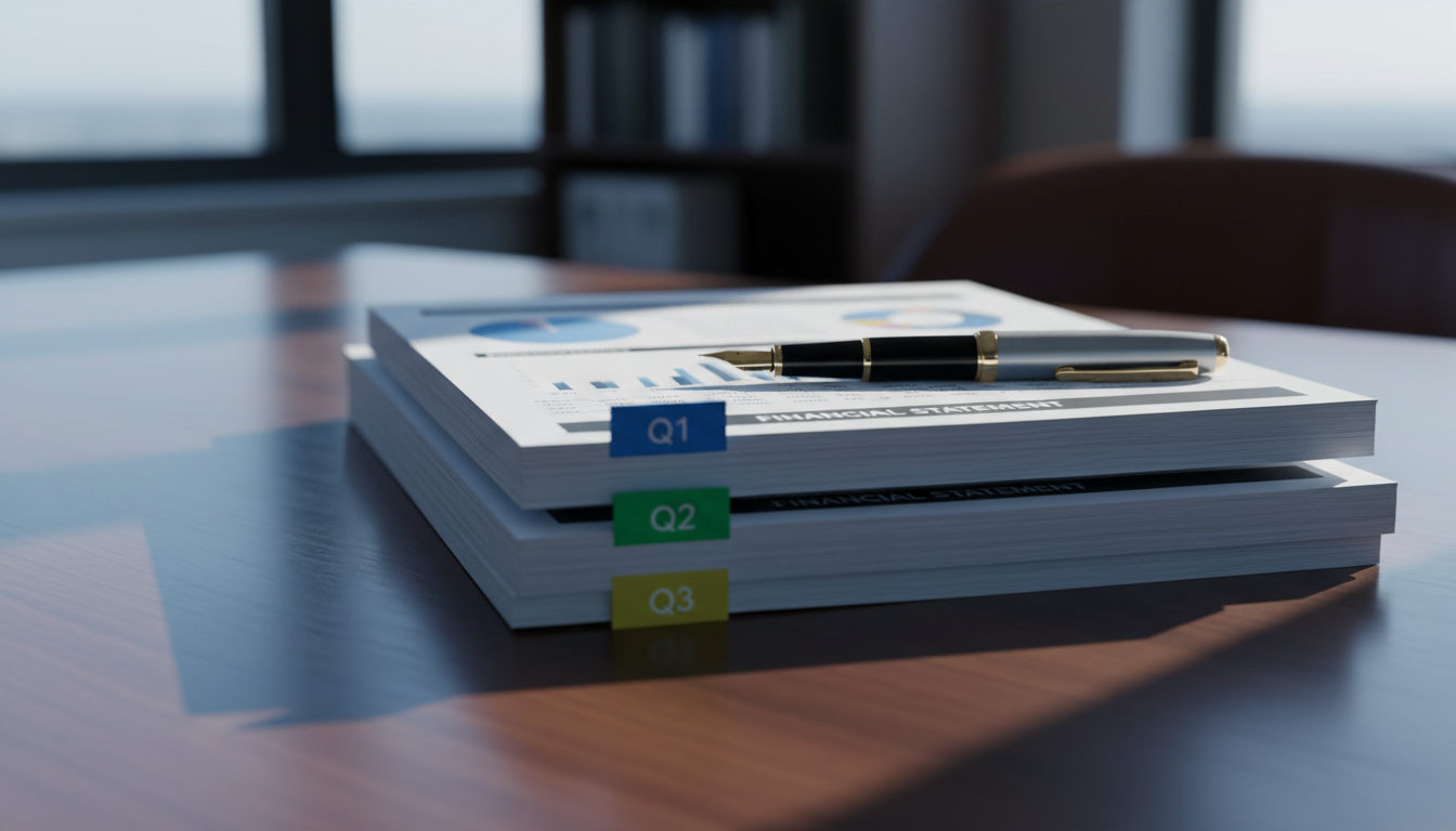 Three stacked quarterly financial reports with colored tabs and fountain pen on polished desk