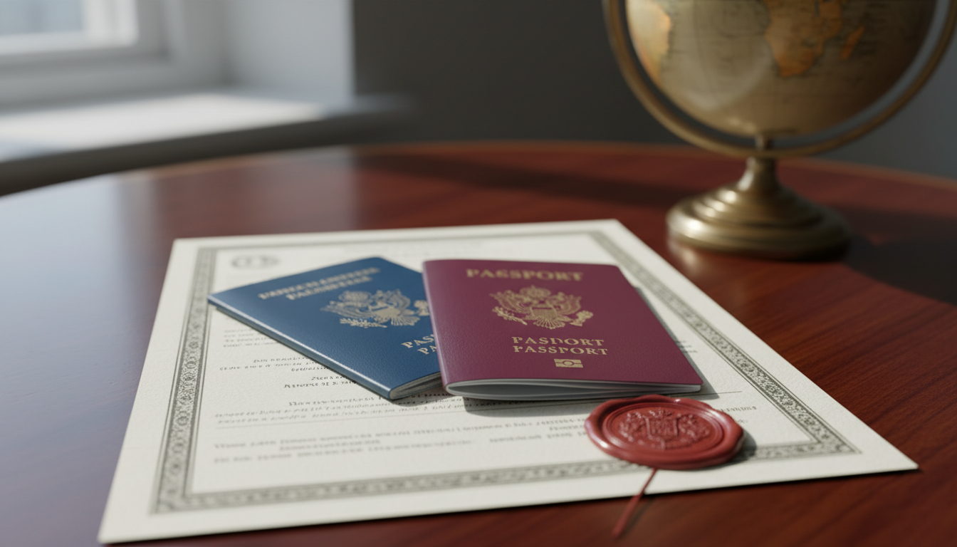 International passports on wax-sealed financial document with globe in background