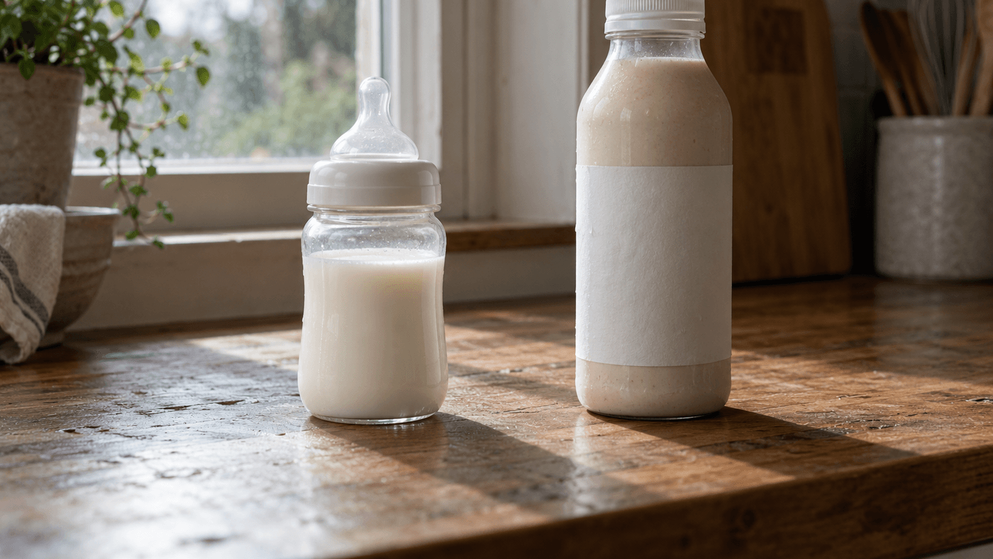 A plain baby bottle of milk and a tall unlabeled nutrition shake bottle side by side on a sunlit wooden kitchen counter