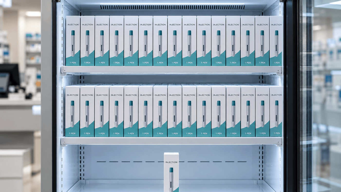 An open pharmacy refrigerator with two shelves packed with injectable pen cartons and a bottom shelf holding a single carton
