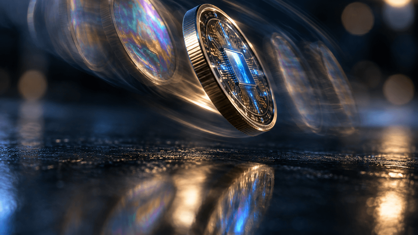 A coin caught mid-flip above a wet dark surface, one face a glowing circuit-etched chip and the other an iridescent soap-bubble film, with blurred after-images of many spins