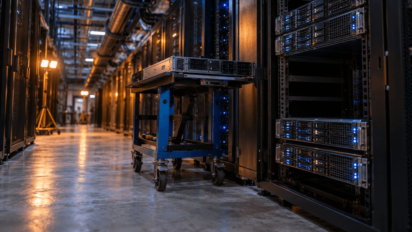 A data center aisle with a half filled server rack lit by blue status lights and a cart holding a server tray beside it