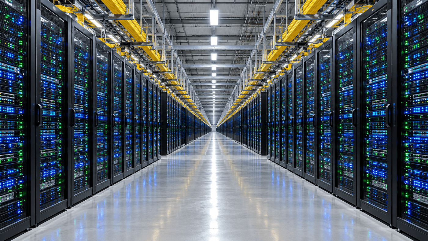 Long rows of black server racks with blue and green status lights stretching into the distance in a brightly lit cloud data center hall