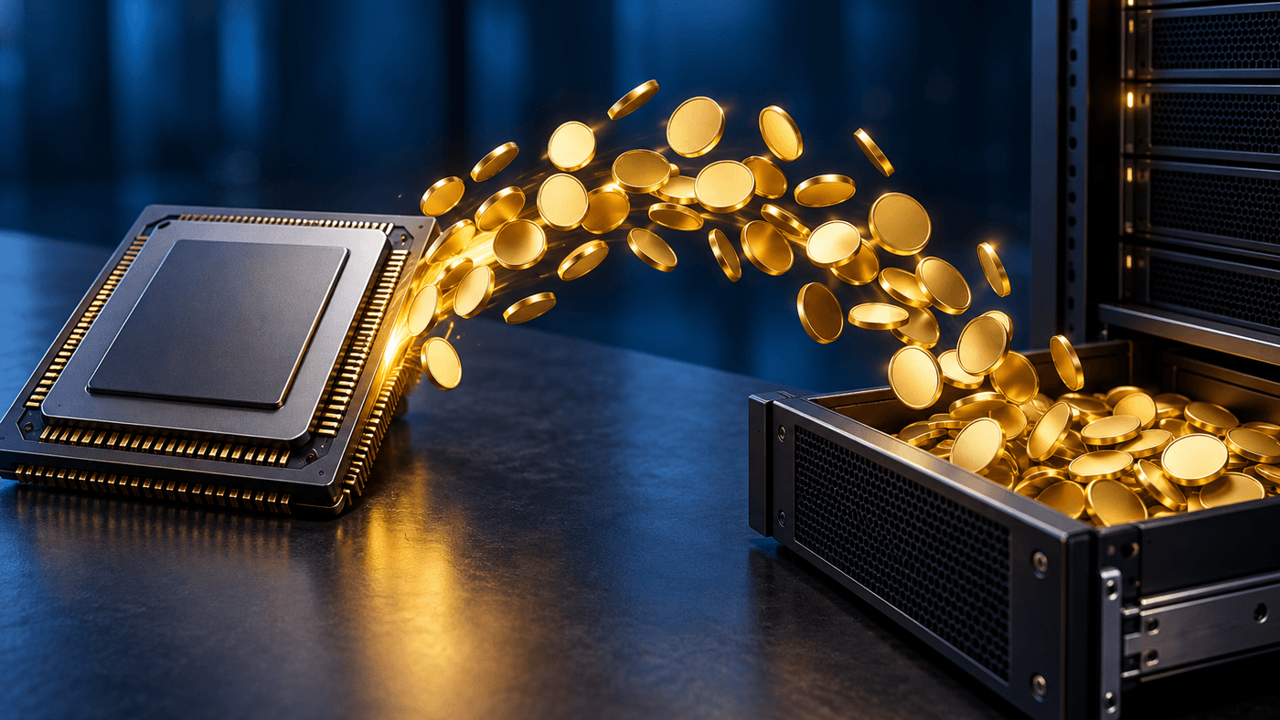 A large computer chip on a dark surface with a stream of gold coins pouring from it into an open server drawer, standing for chipmaker money flowing into a customer's AI data centers.