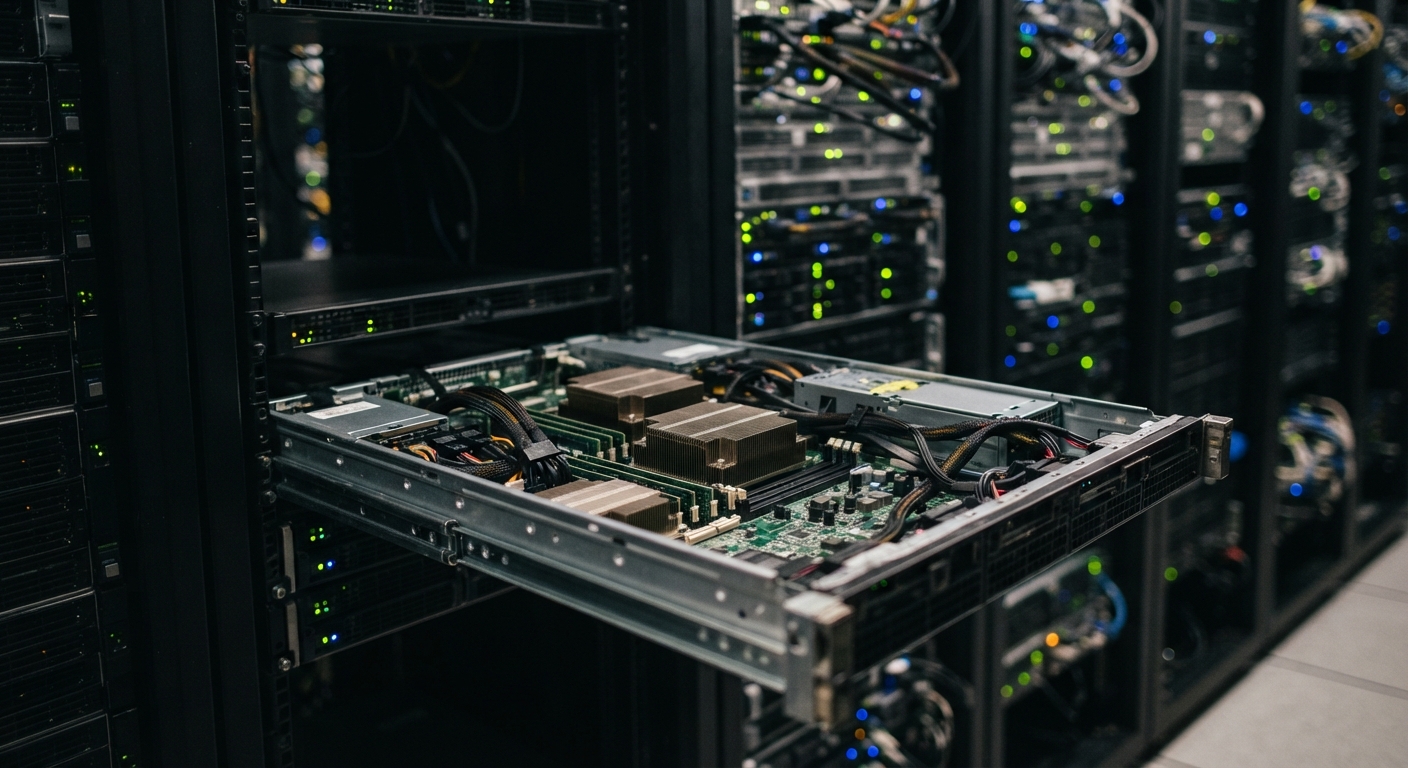 A high-end server node slid out from a dark data center rack, showing an exposed circuit board with large heat sinks under glowing indicator lights