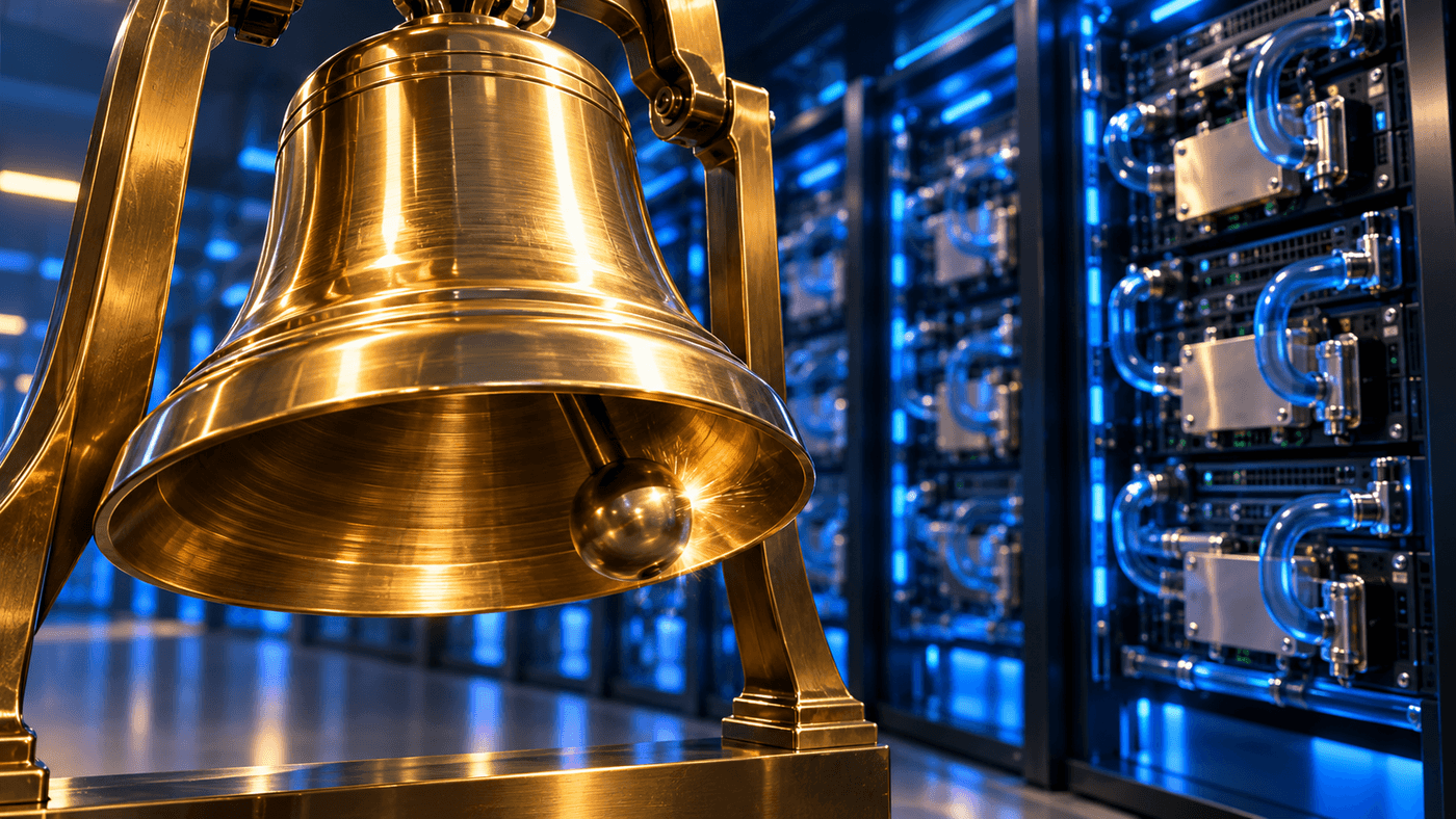 A brass opening bell mid swing in front of rows of glowing AI server boards