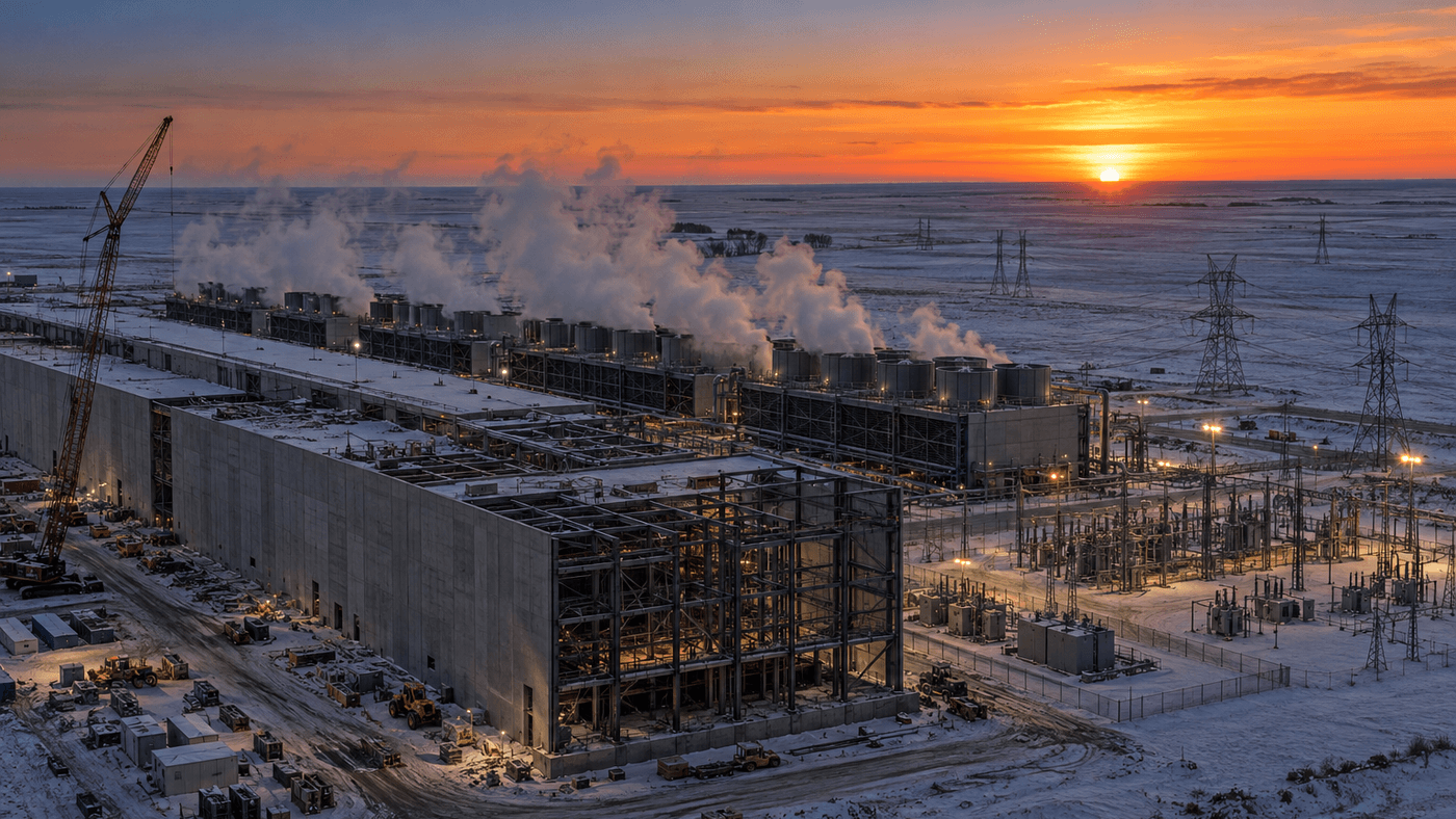 An AI data center hall under construction on a snowy prairie at sunset, with steaming cooling units and a power substation
