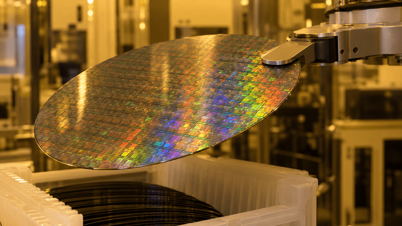 A robotic arm lifts a rainbow patterned silicon wafer out of a plastic carrier in an amber lit chip factory clean room