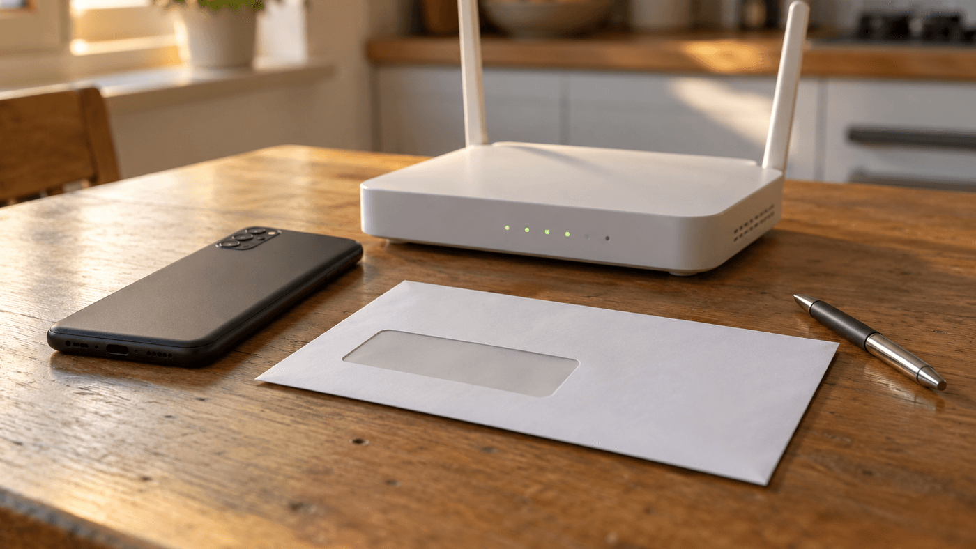 A smartphone and a home internet router side by side on a kitchen table beside a sealed paper bill envelope
