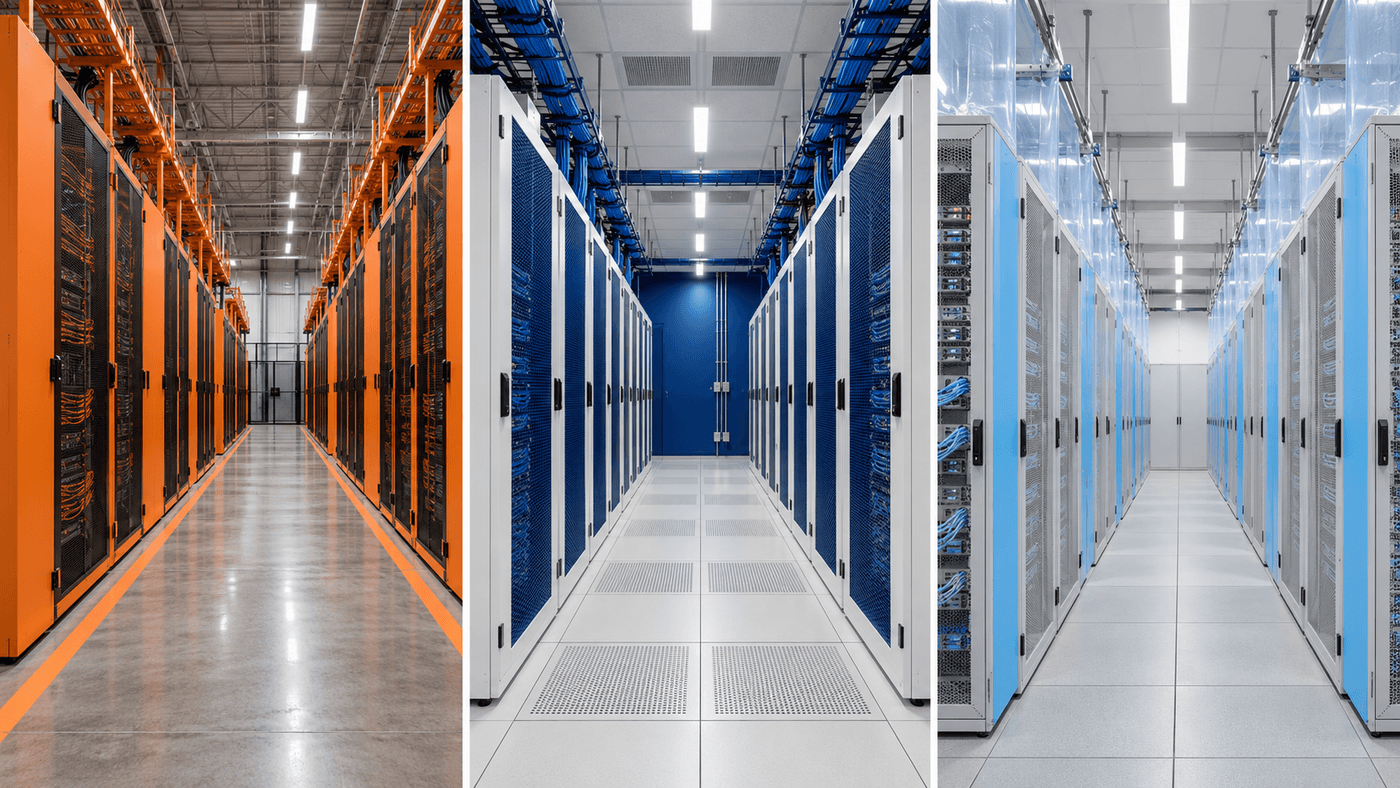 Three different data center aisles side by side in a split screen: orange racks under orange cable ladders, white racks with deep blue doors before a blue wall, and gray racks with light blue panels and curtains