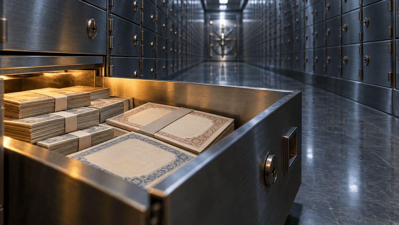 An open steel safe deposit drawer holding banded stacks of cash and bond certificates in a bank vault corridor lined with locked boxes