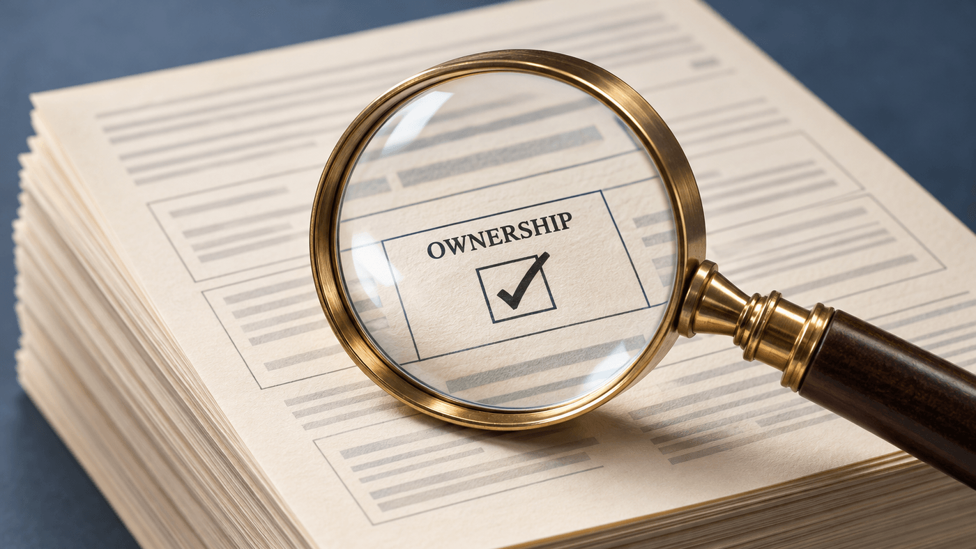 A brass magnifying glass over a stack of printed forms, enlarging a box marked ownership with a ticked checkbox
