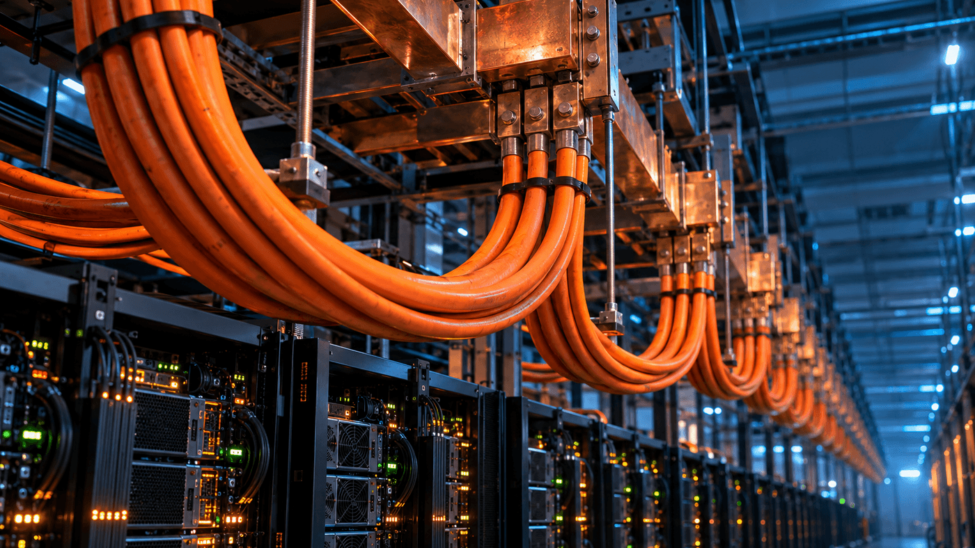 Orange power cables and copper busbars running above long rows of server racks inside a large data center hall