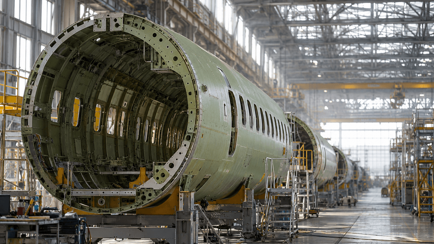 A row of bare airliner fuselage sections in green primer on steel cradles in an aircraft factory hall