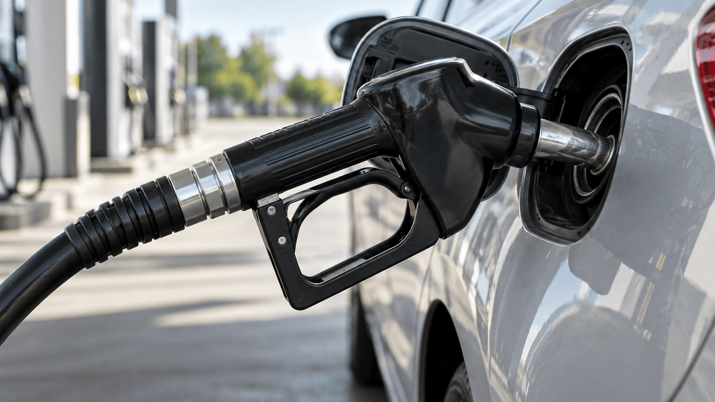 A black fuel pump nozzle in the open fuel filler of a silver car at a gas station, with pumps blurred in the background