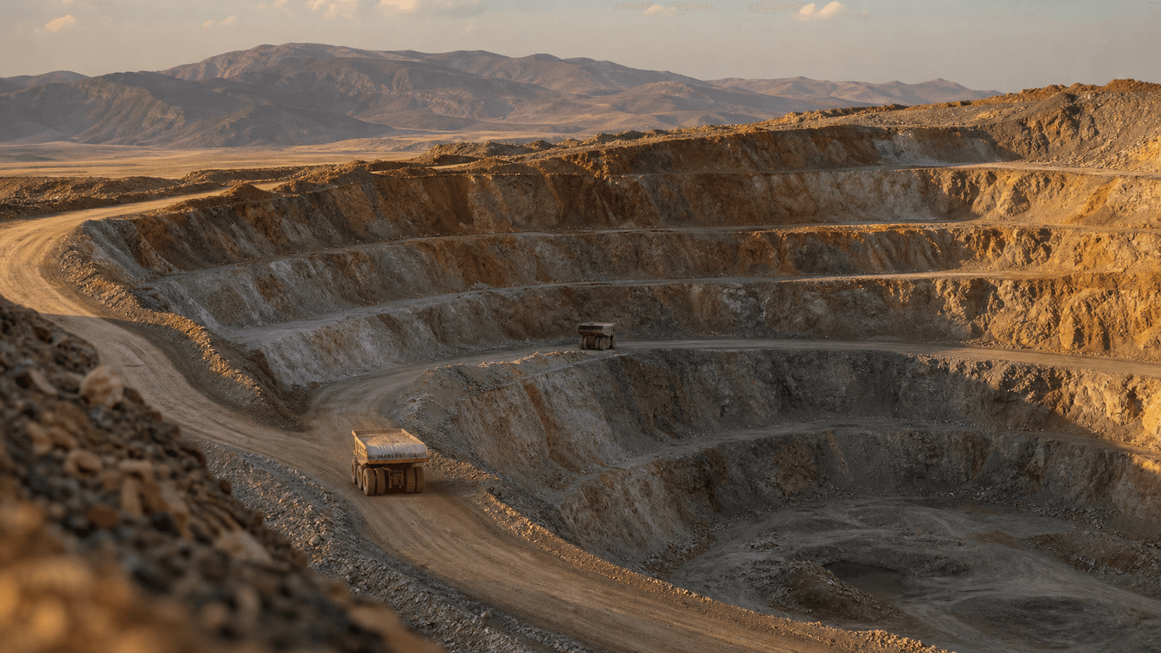 An open-pit rare-earth mine with haul trucks, illustrating US rare-earth production amid China export controls