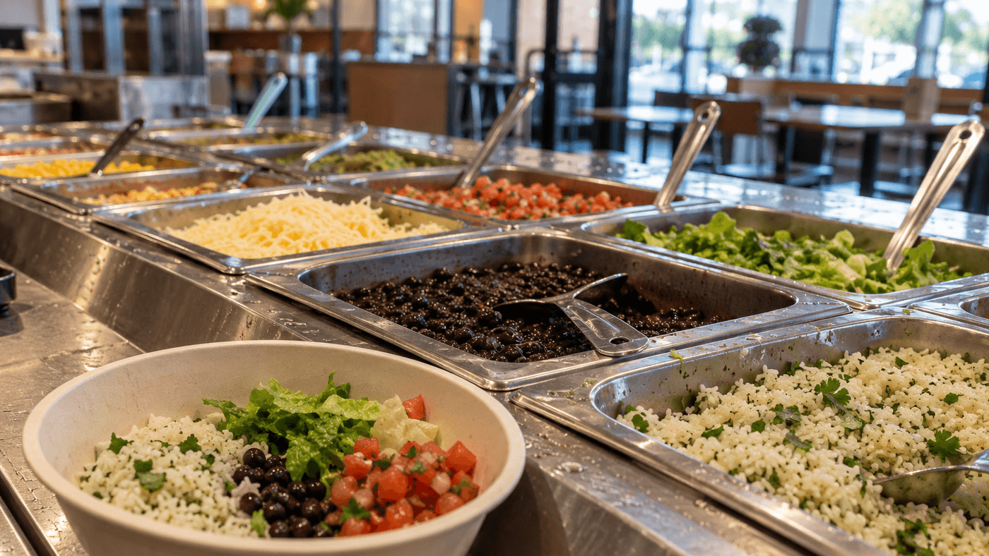 A stainless steel serving line with pans of rice, black beans, lettuce, salsa and cheese, and a plain bowl half filled at the front