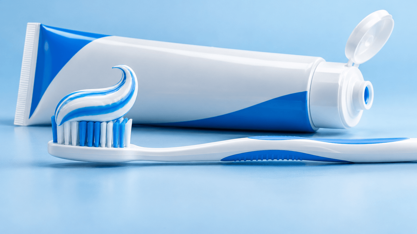 A white and blue toothpaste tube with its cap open behind a toothbrush topped with a swirl of blue and white toothpaste, on a light blue background