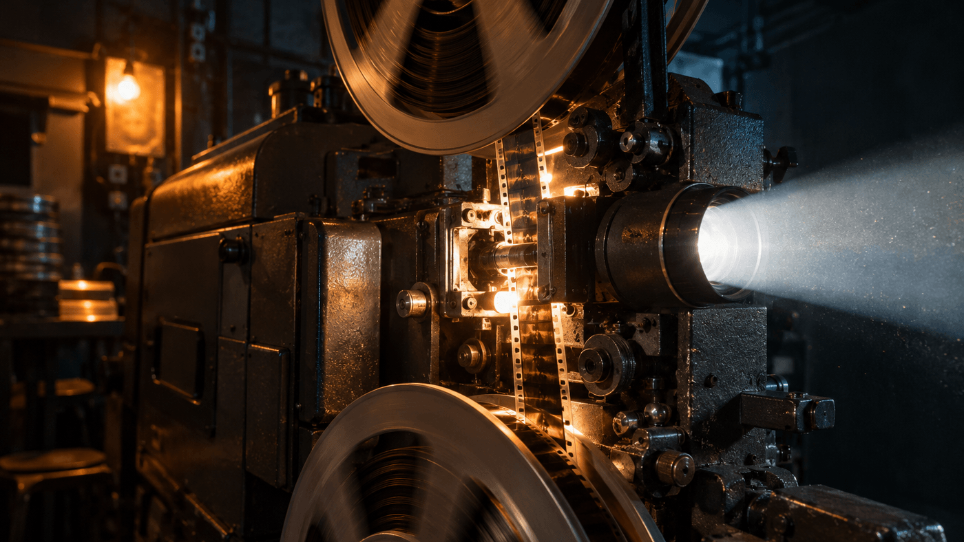 A 35mm film projector running in a dark cinema booth, film racing through the gate as a bright white beam cuts through the dust