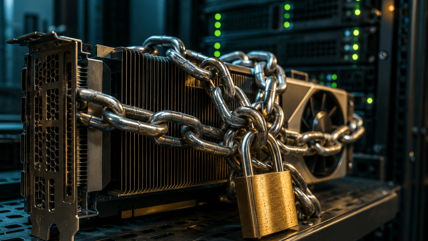 A data center graphics card on a server shelf wrapped in a heavy steel chain closed with a brass padlock, with green server lights glowing behind it