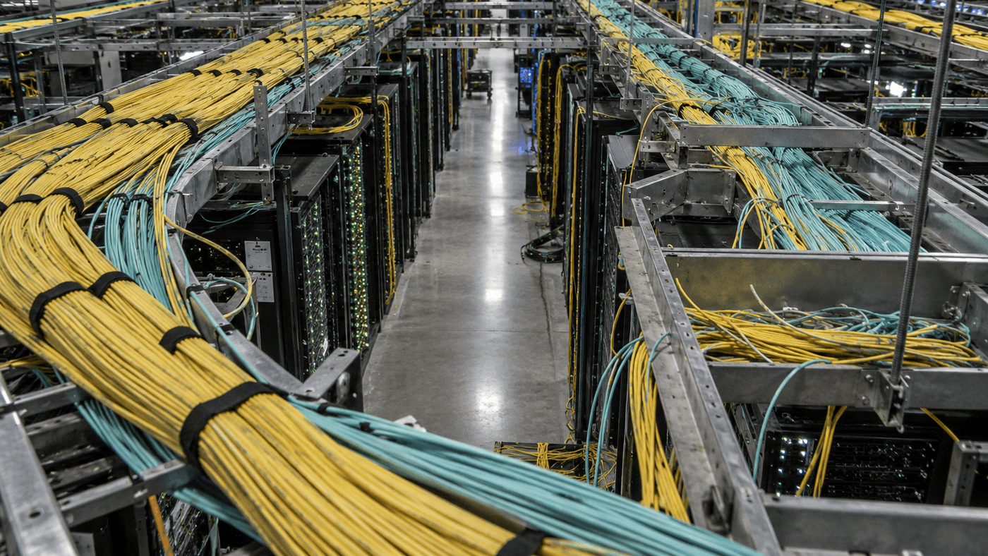 Overhead view down a data center aisle with cable trays overflowing with yellow and aqua fiber optic cable bundles