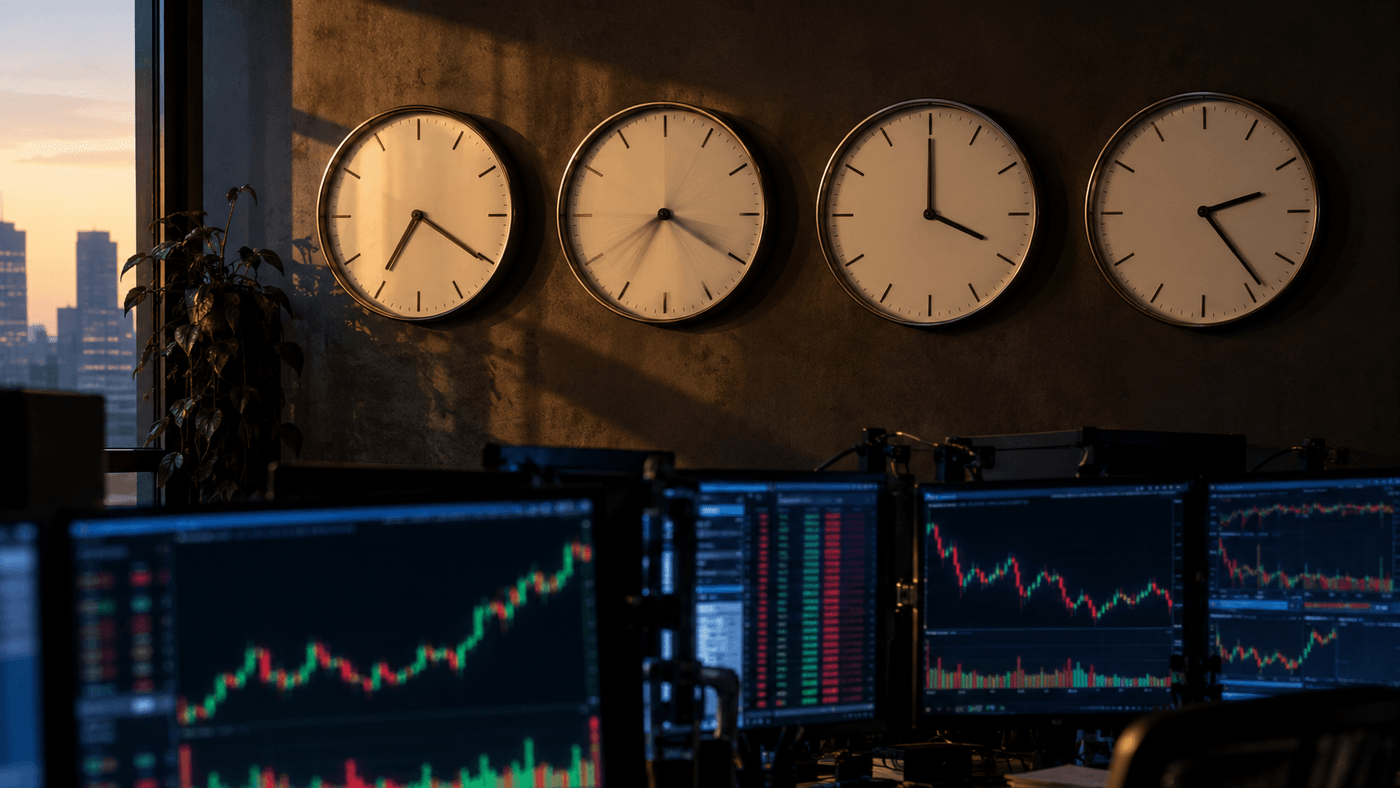 Four plain wall clocks showing different hours above a trading desk, one minute hand blurred as it moves, with stock charts glowing on the monitors below