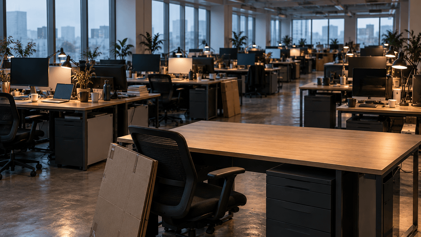 A dim open plan office with rows of desks, one desk cleared bare with a flattened cardboard box leaning against its chair