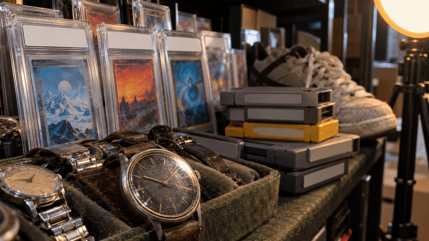 Used wristwatches in a felt tray, graded trading cards in clear cases, game cartridges and a worn sneaker on a shelf, with a photo lamp at the edge