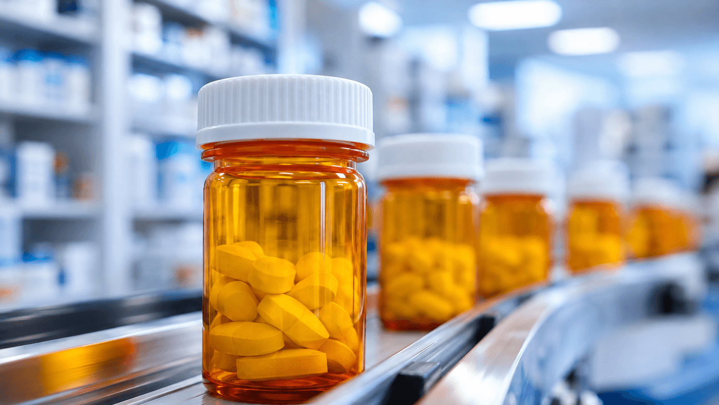 Amber prescription bottles with plain white caps moving along a pharmacy conveyor, with blurred shelves behind