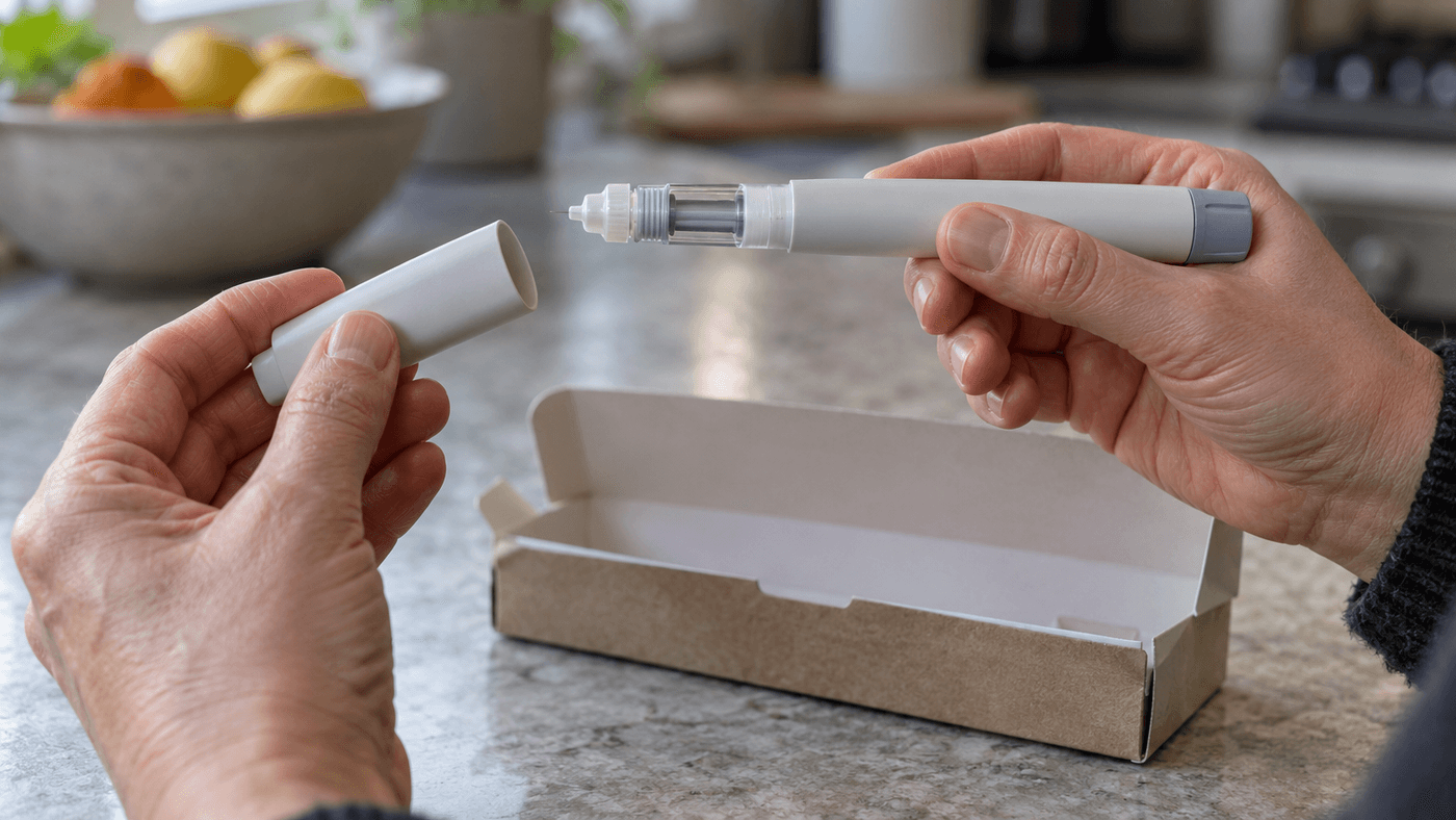 Two hands remove the cap from a white injection pen above its open carton on a kitchen counter