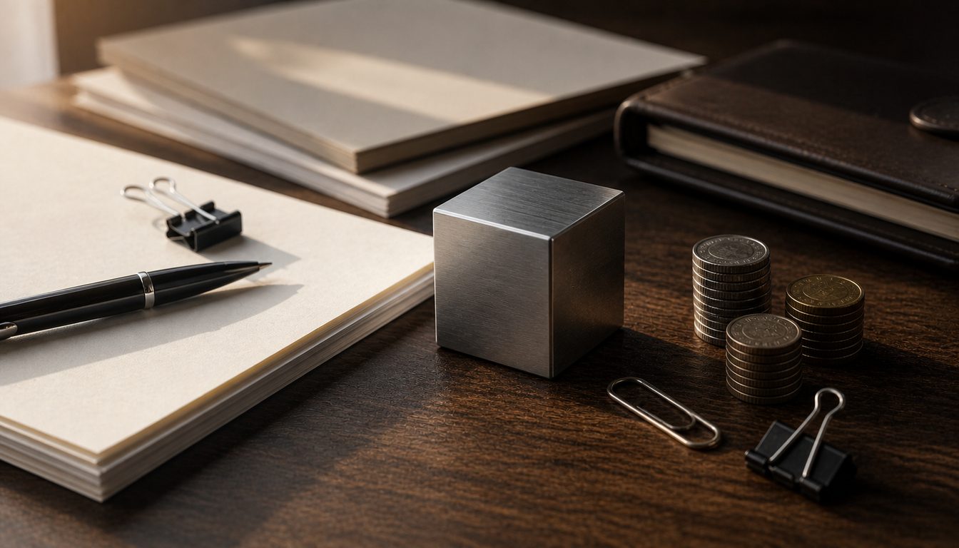 Desk still life showing company valuation papers, coins, and a metal value block