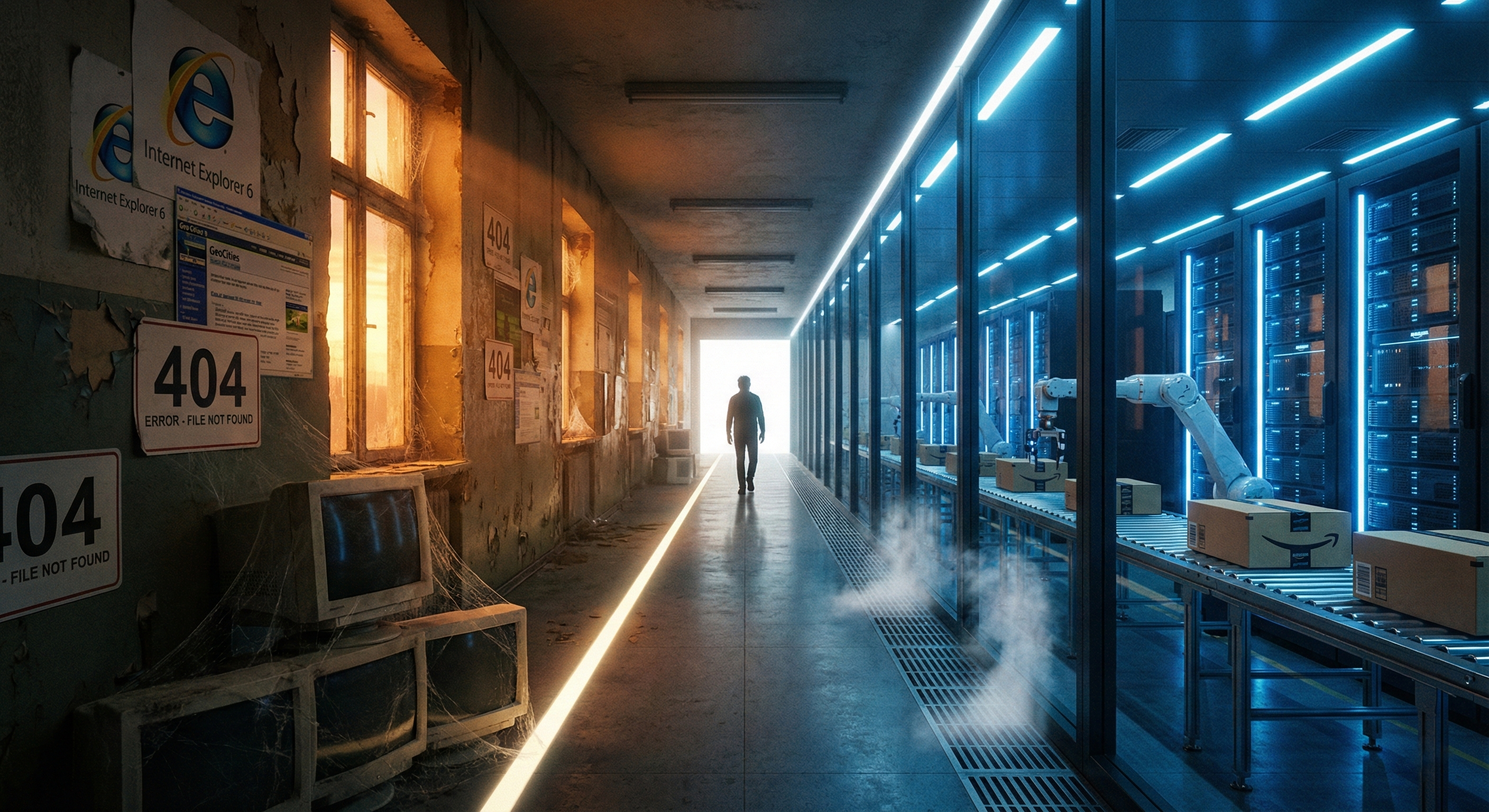 Corridor showing transition from dot-com era decay to modern AI infrastructure with server racks and robotics