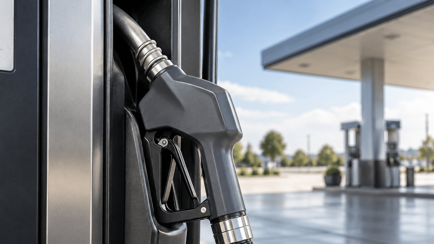 A fuel pump nozzle resting in its holder at a gas station under a pale sky