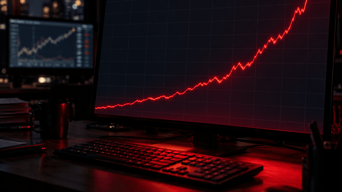 Dark desk with a monitor showing a steep red rising line and a blurred chart screen behind it