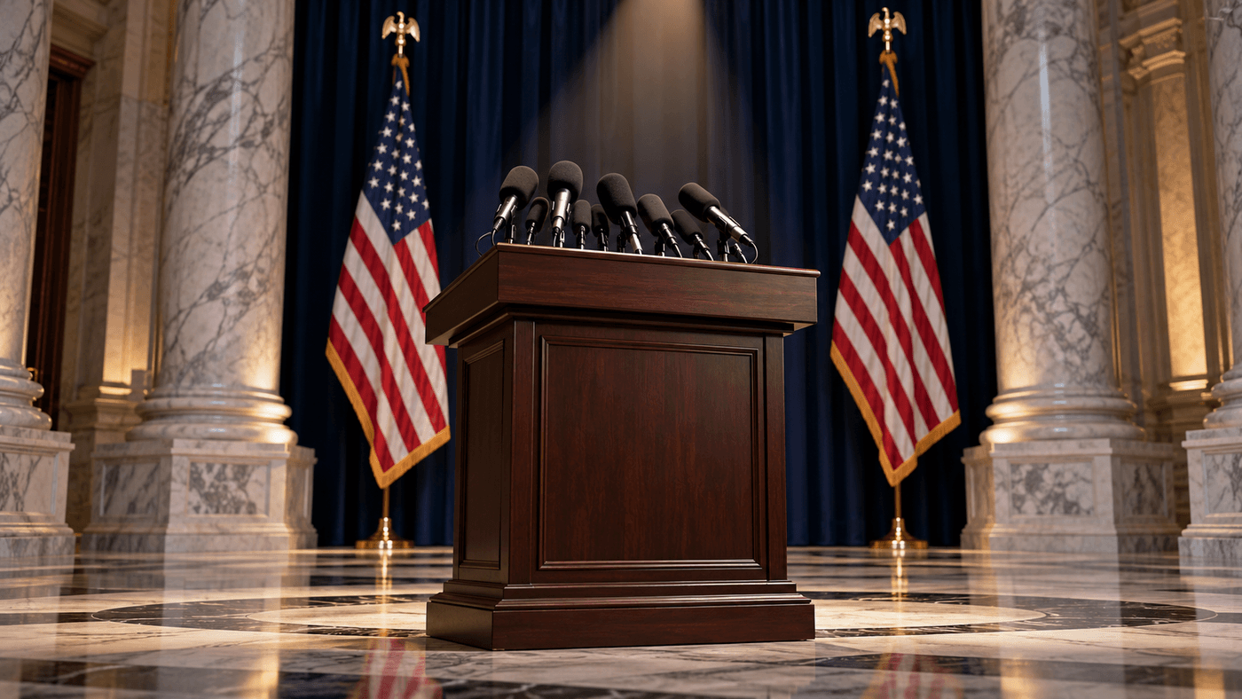 An empty wooden press lectern with a cluster of microphones between two American flags in a marble hall, set for the Fed rate decision of October 28, 2026