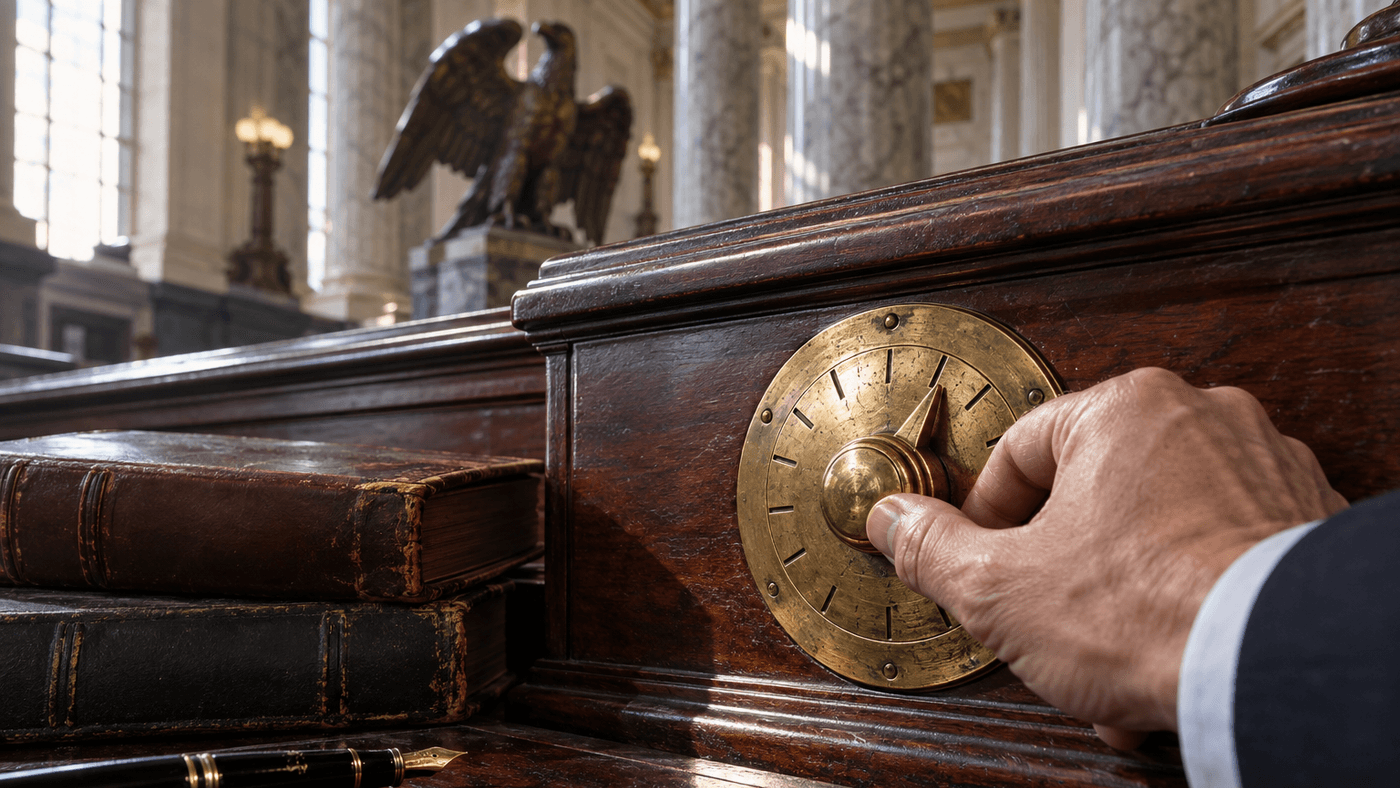 A hand turning an engraved brass dial one notch upward on a mahogany counter inside a marble central bank hall, illustrating the Fed rate hike of September 16, 2026