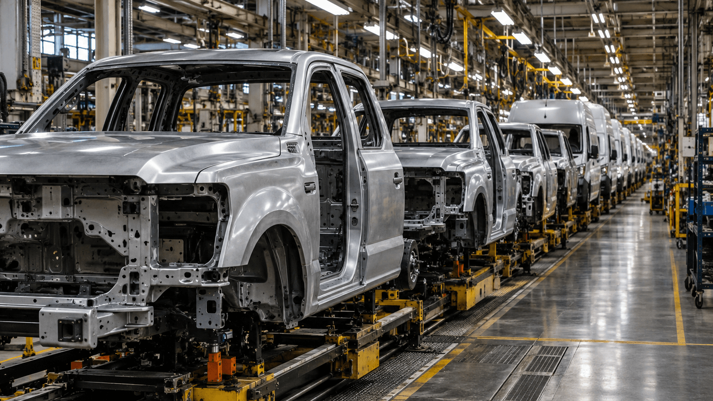 Unpainted pickup truck bodies and white cargo vans moving down an assembly line inside a truck plant
