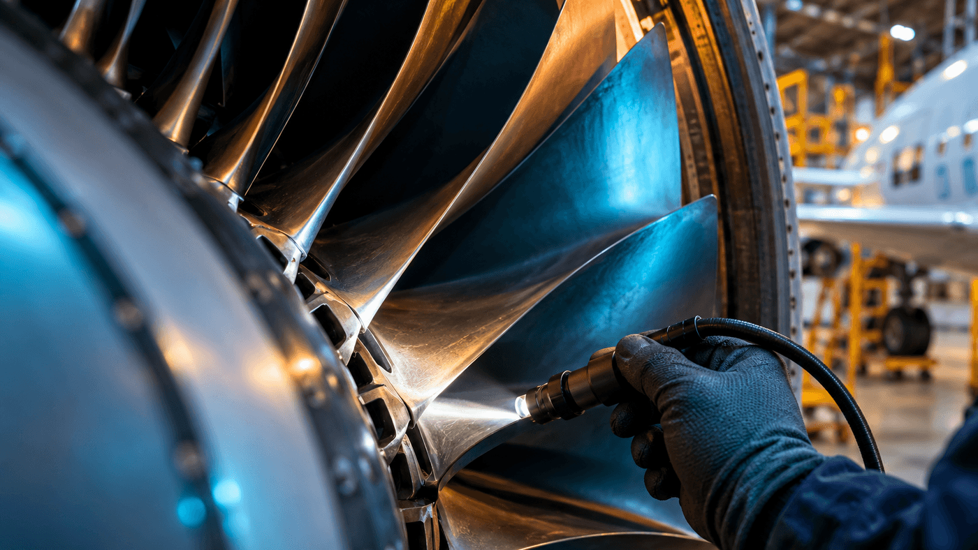 Close-up of a jet engine's fan blades lit by an inspection light in a technician's gloved hand, with maintenance stands behind