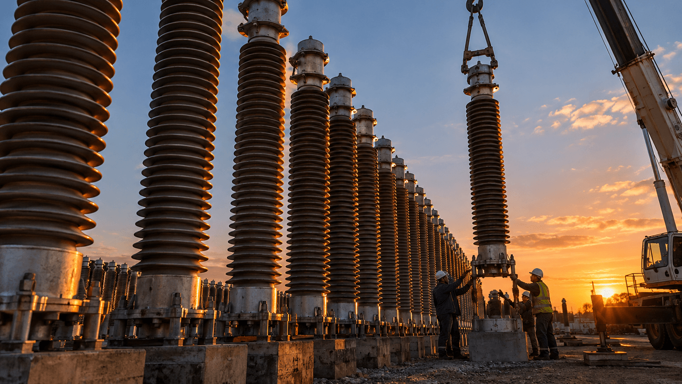 Rows of high-voltage insulator columns at a power substation at dusk, with a crane lowering one more into place