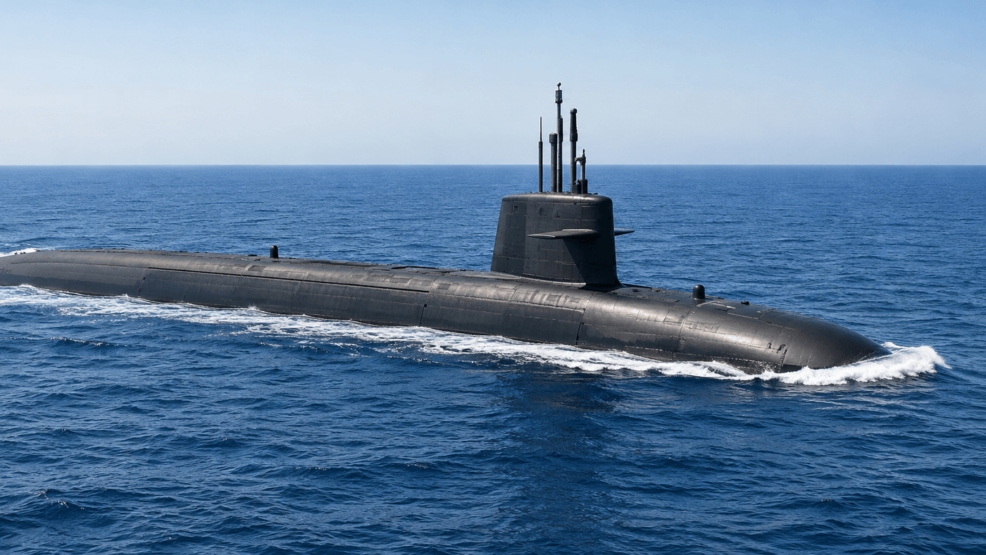 A dark grey submarine cruising on the surface of a calm deep blue sea under a pale sky, with a white wake along its hull