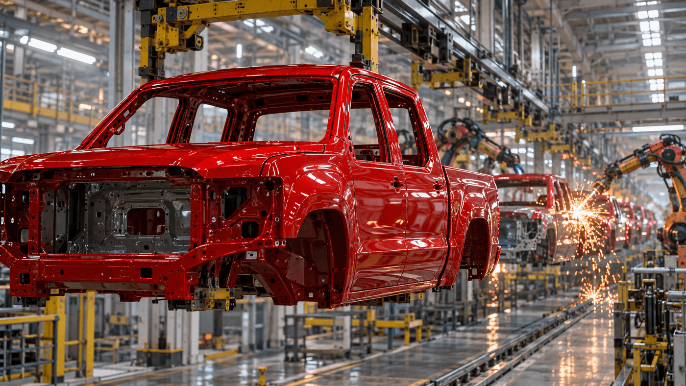 A red pickup truck body hangs from an overhead conveyor on a car assembly line as robot welding arms throw sparks over more truck bodies behind it