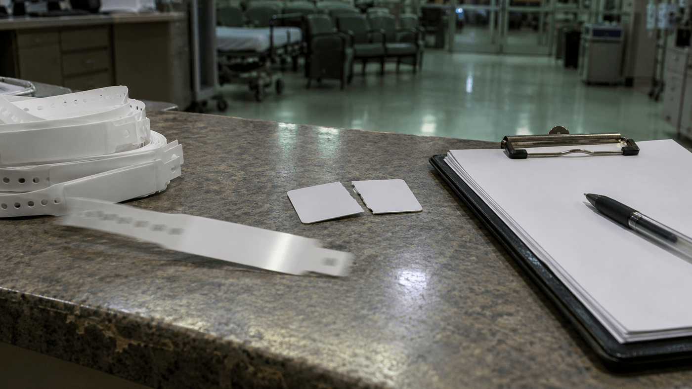 A blank insurance card cut in half on an emergency room registration counter at night, beside blank patient wristbands and an intake clipboard