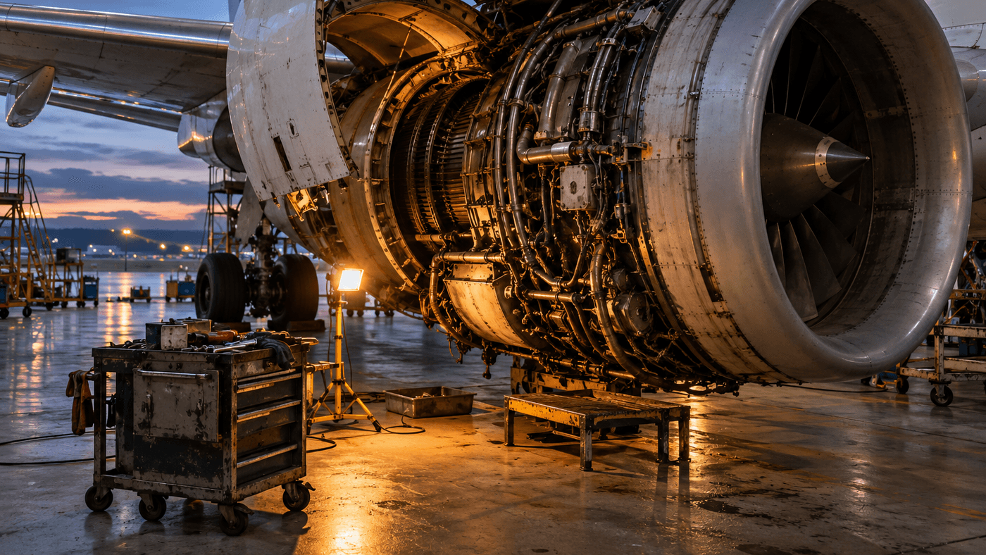 An airliner jet engine with its cowling open in a maintenance hangar at dusk, lit by an orange work light