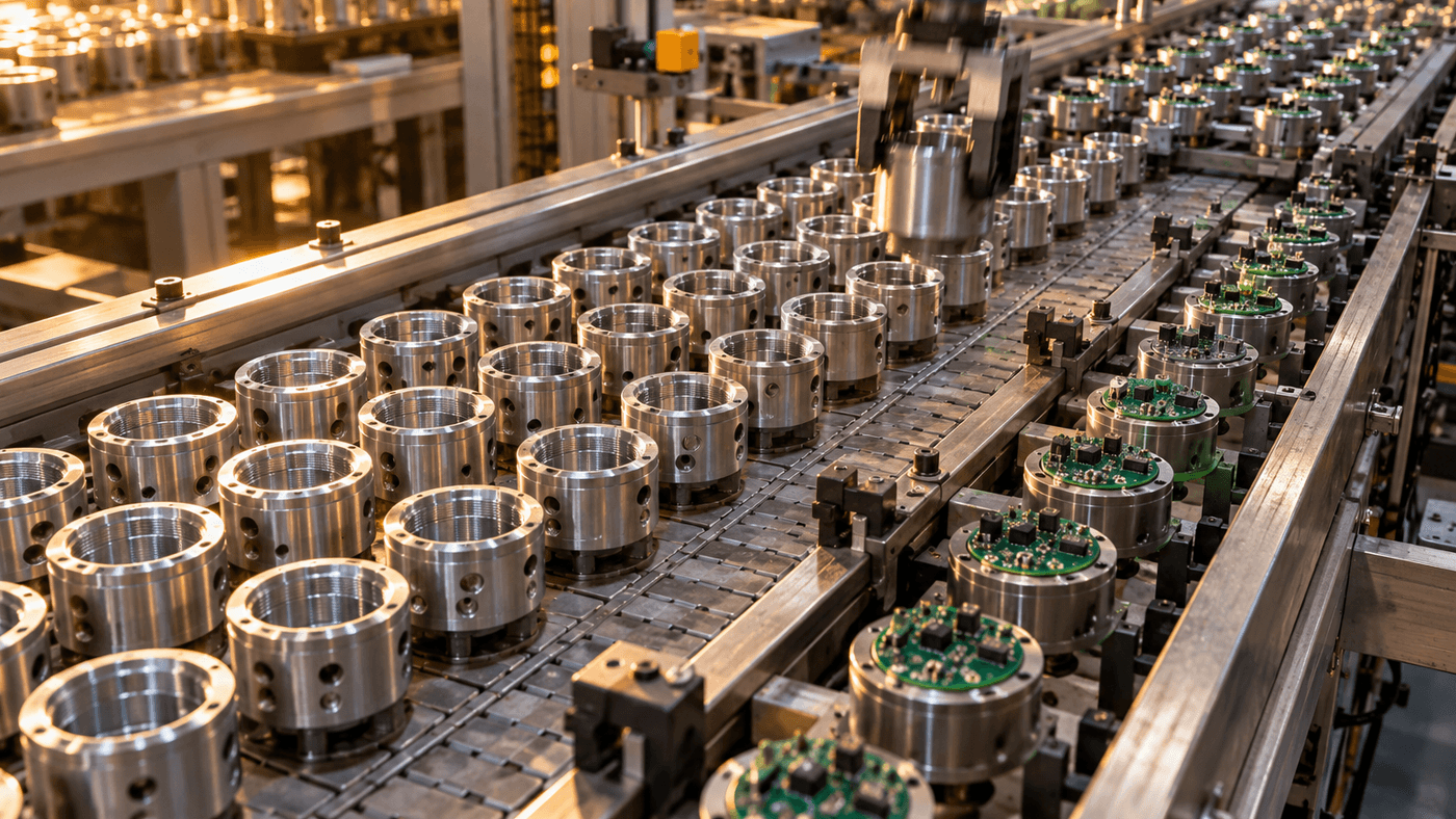 Rows of machined metal housings and circuit boards moving along an automated factory line under warm light