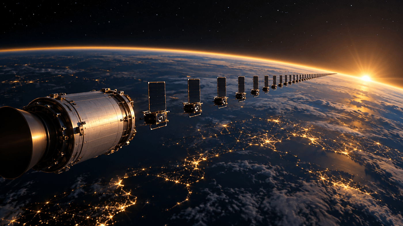 A rocket upper stage releasing a long line of flat-panel satellites above the night side of Earth, city lights below and the sun rising on the horizon