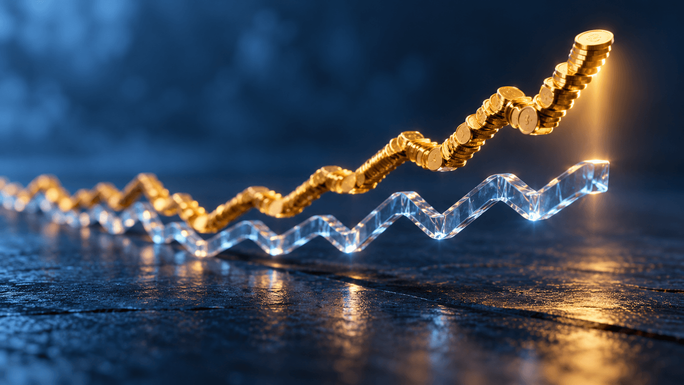 Two zigzag ribbons running side by side, one of clear glass and one of stacked gold coins that climbs higher, a picture of a stock’s price return beside its return with dividends.