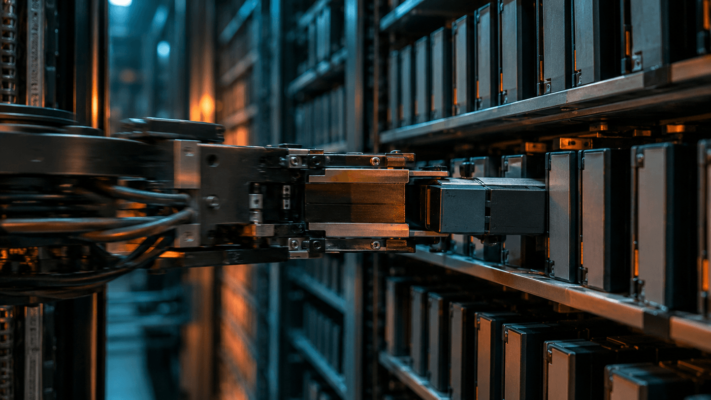 A robotic arm pulling a data cartridge from long shelves of storage cartridges inside a tape library