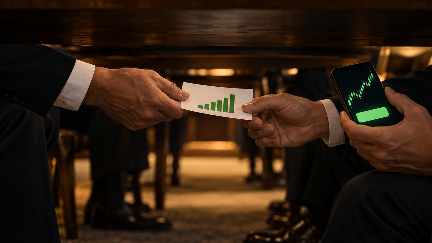Two people passing a paper with a rising chart under a boardroom table, one of them also holding a phone with a trading screen