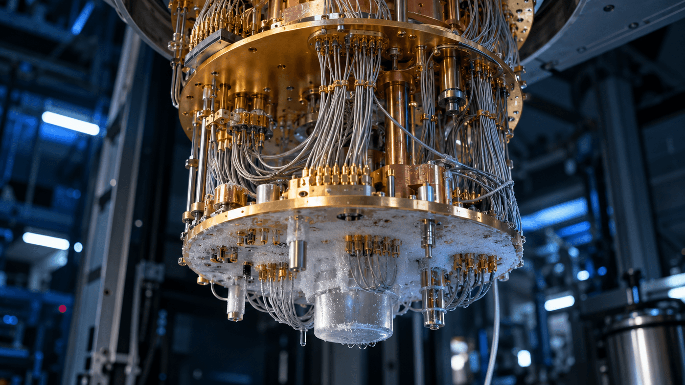 Gold plated tiers and cable bundles of an opened quantum computer refrigerator in a lab, the kind of machine Classiq software writes programs for
